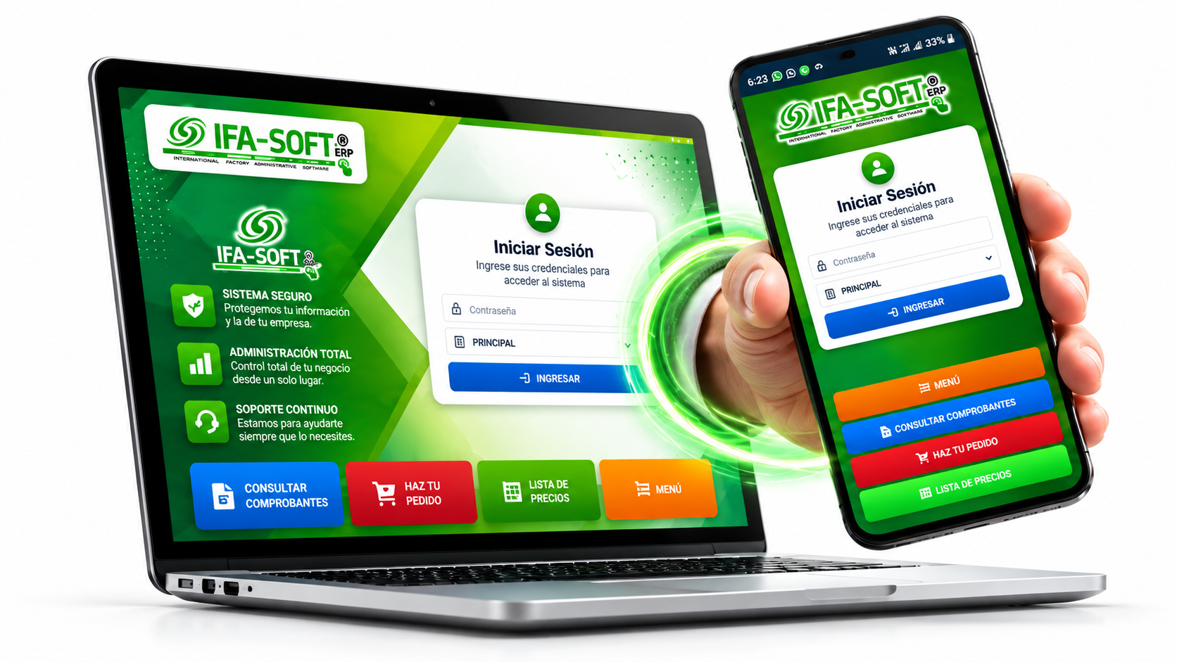 IFA-SOFT ERP en laptop y celular sostenido en una mano